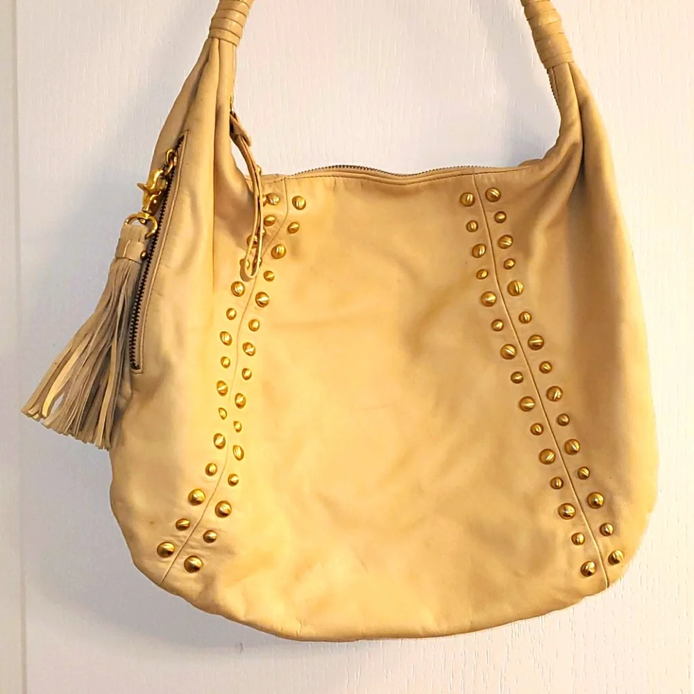 Scarlett Blake Creme Studded Leather Hobo Bag
